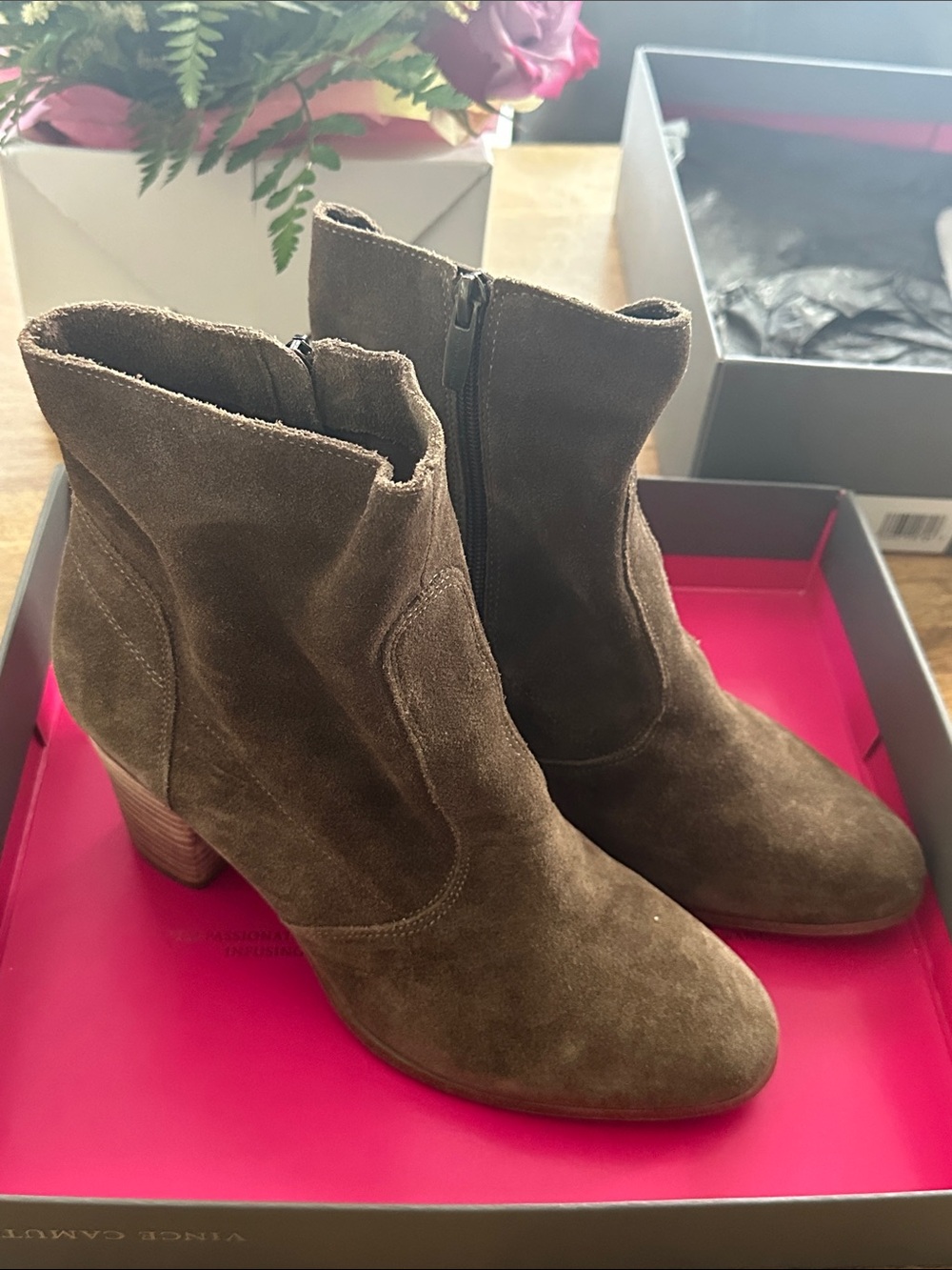Vince Camuto Dark Brown Suede Ankle Booties with Stacked Heel